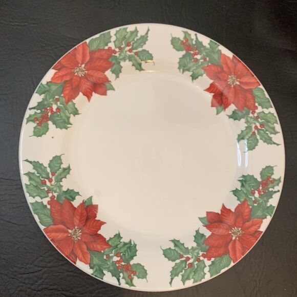 Hallmark Poinsettia Christmas Dinner Plate 10 1/2 Inches Round Red Green White - Picture 2 of 5